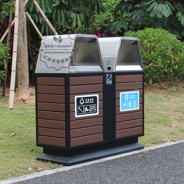 戶外防腐木雙分類鋼木垃圾箱圖片002